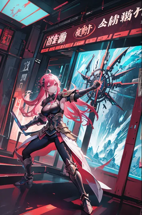 Scenery in ancient China with neon lights, Masterpiece, high resolution, with anime style beautiful women wearing ancient armor with cyberpunk elements, magic cicle, RTX, amazing anime illustration, impressive lighting, fantastic, dangerous, monstrous, dyn...