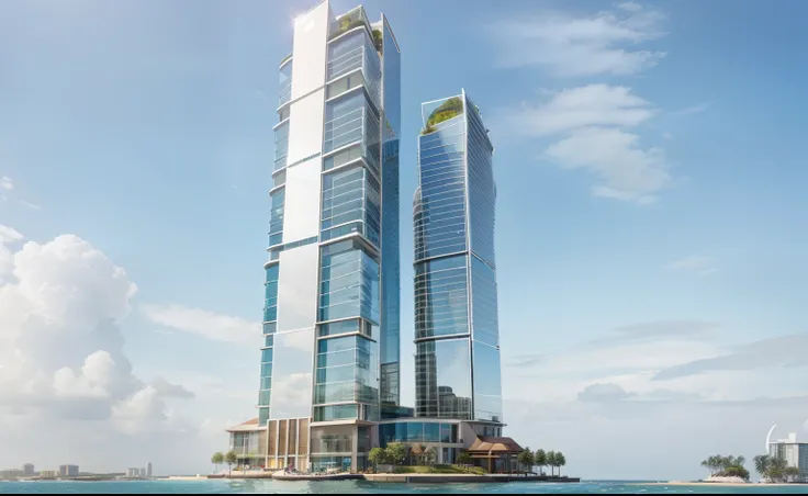 A tower emerges from an island in a sea, its glass façade reflecting the vibrant colors of the water. The mixed-use tower boasts a unique design, with a combination of residential, commercial, and recreational spaces.