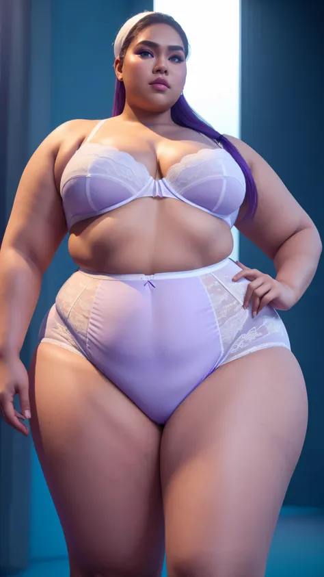 240 lbs bbw malay, big ,(( high waist white-purple underwear)), nig upper arms, fresh colour dominant, blue lighting ((#FEE3D4 skin color)