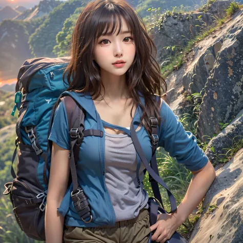 (nature photography), (best quality), masterpiece:1.2, ultra high resolution, lifelike:1.4, original photo, (majestic mountain peak, sea of clouds), (on a very high mountain), (Sunset), (Wide-angle lens), (Show cleavage:0.8),
(1 girl), (Photos from the kn...