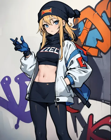 (masterpiece:1.2, highest quality), (graffiti wall:1.15), 1 female, Beanie hat, Jacket, leggings, blue eyes, whole body,