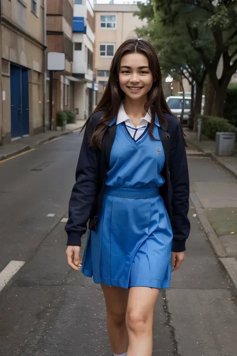 (Full body image:1.5), (half japanese half german teenager, standing, alone:1.2) , (shes wearing blue school uniform dress for high school:1.3), (shes walking home the street coming from school:1.3), she has (brown eyes, dark brown a little long hair:1.2),...