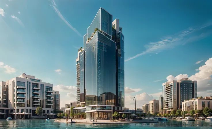 A tower emerges from an island in a sea, its glass façade reflecting the vibrant colors of the water. The mixed-use tower boasts a unique design, with a combination of residential, commercial, and recreational spaces, ((accurate design of glass panels)), (...