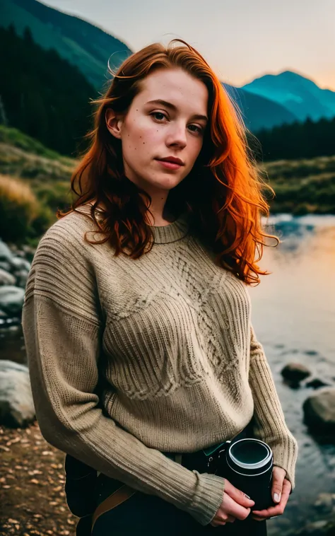 1 Irish woman redhead wavy hair((upper body selfie, happy)), Masterpiece, Best quality, ultra detailed, Alone, outdoors, (Night), mountains, Nature, (stars, moon) cheerful, happy, backpack, sleeping bag, camping stove, water bottle, hiking boots, gloves, s...