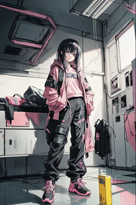 anime girl in a pink jacket and black pants standing in a room, cyberpunk streetwear, wearing cyberpunk streetwear, modern cyberpunk anime, cyberpunk anime art, cyberpunk vibe, digital cyberpunk anime art, anime cyberpunk art, cyberpunk anime girl, in cybe...