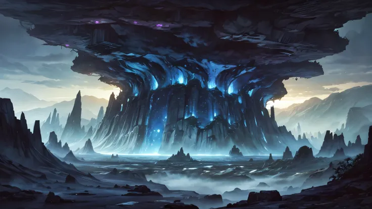 cosmic horror setting on an uninhabited planet unlike anything ever seen, vast and complex vegetation resembling tentacles, rocks everywhere (large and small), dark gray sky, heavy clouds , mountains in the distance.