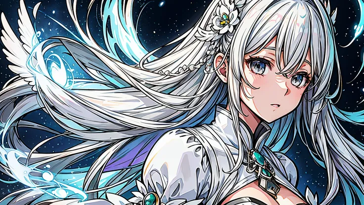 Ultra detailed illustration of an ethereal goddess, long light grey hair, grey eyes, ((ultra detailed face)), focus on face, celestial-cosmic environment, flowy white dress, hair floating, anime style by MSchiffer, ((nanatsu no taizai merged with Aa! Megam...