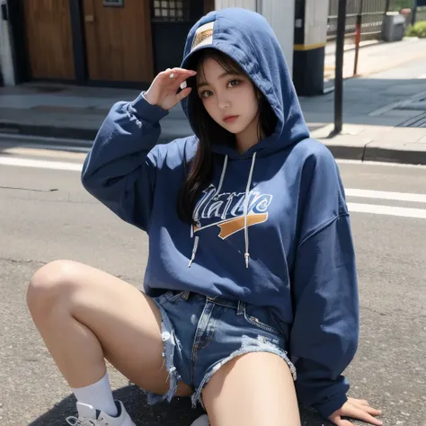 large hoodie、denim shorts、gal makeup、Japanese