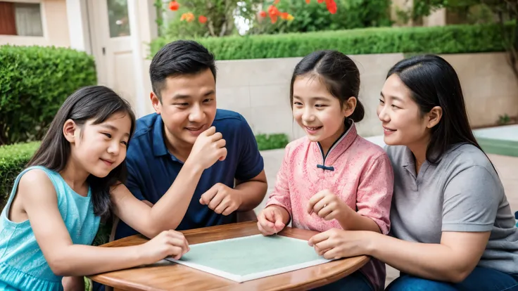 You need to draw a picture of a family of four，Chinese family photos，The family members in the photo are：dad ，Mother ，a sister and a sister 。Sister is eight years old，Sister is six years old。