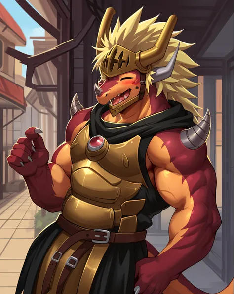 drum bunker dragon, helmet, anthro, dragon, male, armor, solo, horn, claws, scalie, blonde hair, muscular,
bust portrait, one ey...