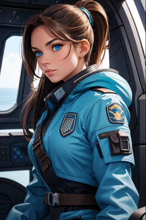 brown hair, ponytail, blue eyes, masterpiece, best quality, cockpit of a spaceship