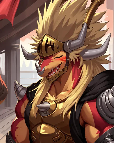 drum bunker dragon, helmet, anthro, dragon, male, armor, solo, horn, claws, scalie, blonde hair, muscular,
bust portrait, one ey...