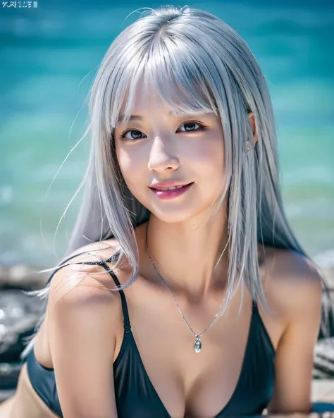 (high quality, 4k, 8k, High resolution, masterpiece:1.2), beautiful japanese woman, (complex colored silver hair:1.3), long wavy hair, asymmetrical bangs, thin eyebrows, big magic eyes, Finely moisturized eyes, smooth soft skin, pale pink lips, gentle smil...