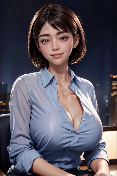 (8K, Top Quality, Masterpiece: 1.2), (Realistic, Photorealistic: 1.37), Super Detailed, 1 Girl, Cute, Solo, Beautiful Detailed Sky, Detailed Office, Night, Sitting, (Blushing Nasal), (Smile: 1.15), (Mouth Closed), Medium Breast, Beautiful Detailed Eyes, (S...