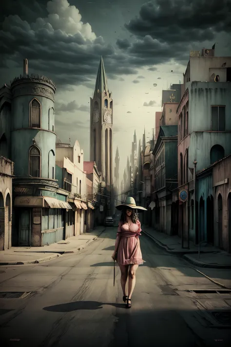 Young cute nasty busty whore on empty street of bright surreal town