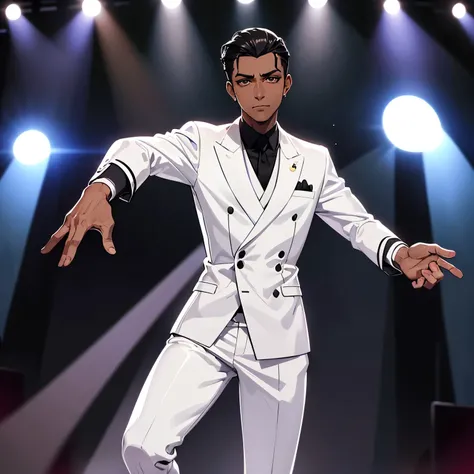 black short hair, hair slicked back, double eyes, narrow eyes ,dark brown skin, Japanese,long face,white suit, rapping in the middle of the stage with a microphone, full body, high quality,