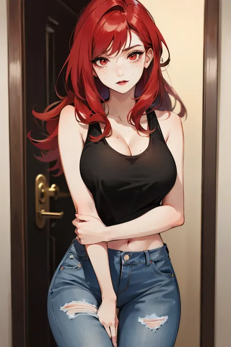 Redhead woman with red wavy hair, red eyes, with freckles on her face, wears a black tank top that shows her cleavage, Big breasts and a sexy body,  wears jeans torn at the knees, wears black lipstick, red hair, red eyes. She is in front of the door of a h...