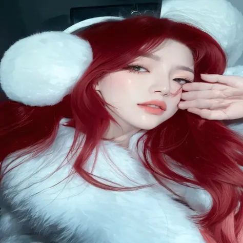 arafed woman Con cabello rojo wearing white ear muffs and a fur collar, bella delfina, ulzzang, pale, snow-white skin, sol yunjoo, Con cabello rojo, sakimichan, parque roseanne de blackpink, aparcar desde-min, foto de perfil, con el pelo largo y rojo, heon...