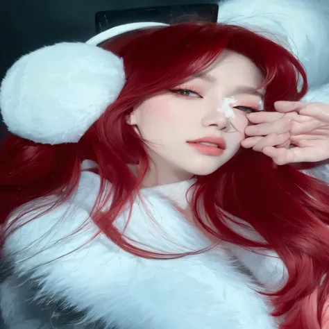 arafed woman Con cabello rojo wearing white ear muffs and a fur collar, bella delfina, ulzzang, pale, snow-white skin, sol yunjoo, Con cabello rojo, sakimichan, parque roseanne de blackpink, aparcar desde-min, foto de perfil, con el pelo largo y rojo, heon...