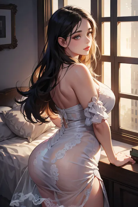 Curvy pretty girl, in a lace dress that clings to her body, revealing her ample curves, stands with her back against the edge of a bed, her mouth wide open in a tender expression. The nightmarish world outside the window behind her is depicted in hyperreal...