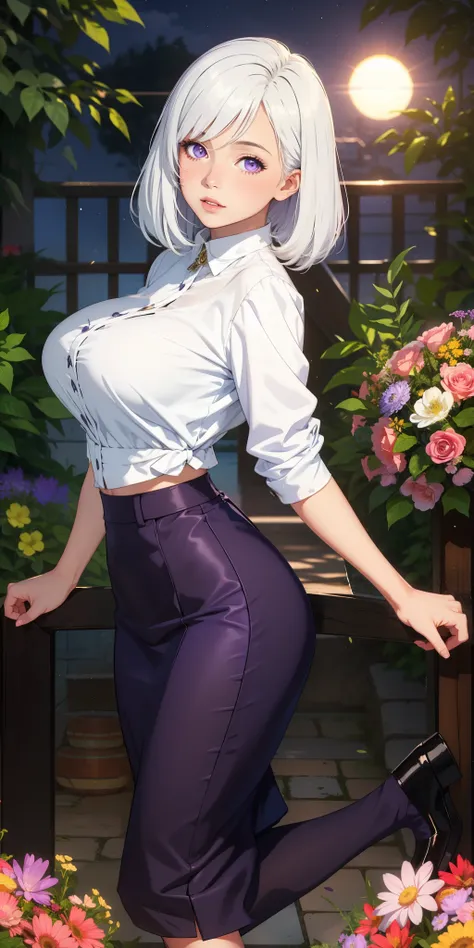 Realistic, 1girl, white hair, ((purple eyes)), glowing eyes, cropped top, skirt, parted lips, blush, night, flowers, sun, sunlight, azure route saint luis, big breasts