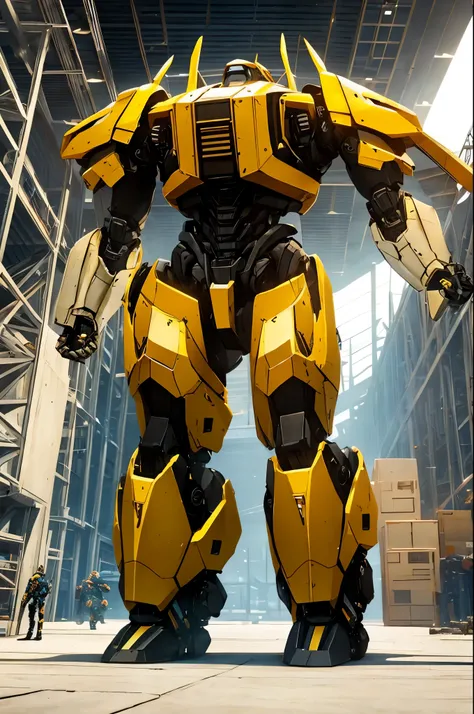 arafed robot standing in a warehouse with a man standing next to it, giant mech, yellow mech, mech suit, cinematic unreal 5, made in unreal engine 5, unreal engine, large robot, massive robot, mega humanoid mech, full body mech, unreal engine 5”, mech robo...