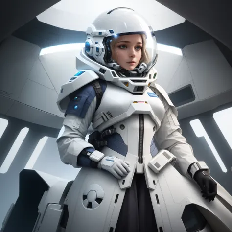 there is a woman in a space suit standing in a spaceship, in white futuristic armor, science fiction suit, sci - fi suit, closeup shot, futuristic clothing and helmet, mjolnir armor from halo infinite, interstellar space suit, science fiction space suit, f...