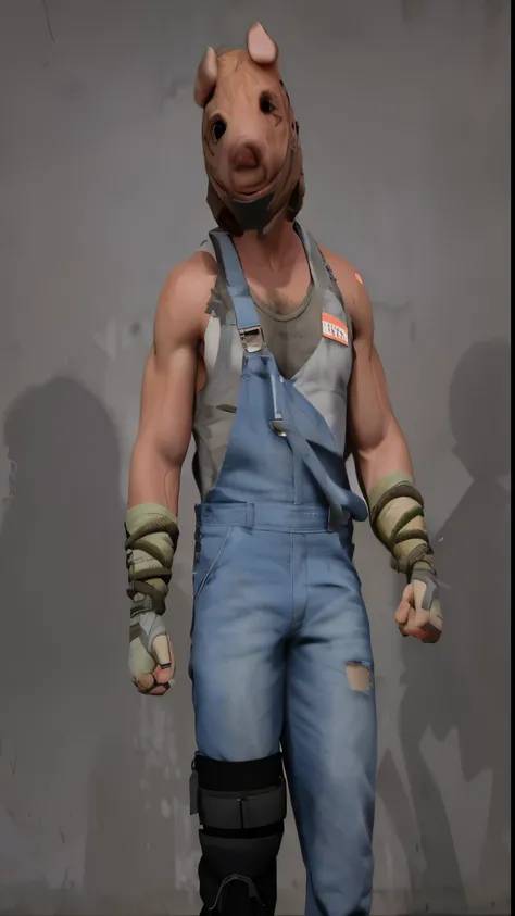 ((masterpiece, best quality)),there is a 3d image of a white man with a dirty pig mask with"100%, pure" burned into forehead, dirty white wrist tape with ropes tied around forearms, , wearing dirty worn overalls and a black knee brace, sfm render, dirty mu...