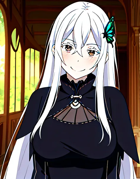 (colored eyelashes:1.1),(sensitive smile:1.3),indoor hall,butterfly hair ornament, black capelet, black dress, long sleeve,echidna,(big breasts:1.5),shiny,hair,((alone)),((masterpiece)),((highest quality)),perfect anatomy,slim waist,perfect image,8k UHD,(d...