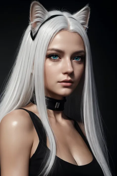 Best quality, Masterpiece, ultra high resolution, (Photorealistic:1.4), Raw-Photo, 1 girl, White hair, long hair, detailed eyes and face, Black dress, dynamic lighting, Light room, restrained, cyberpunk, cat-girl, gamer, streamer, Cat ears on the head, bla...