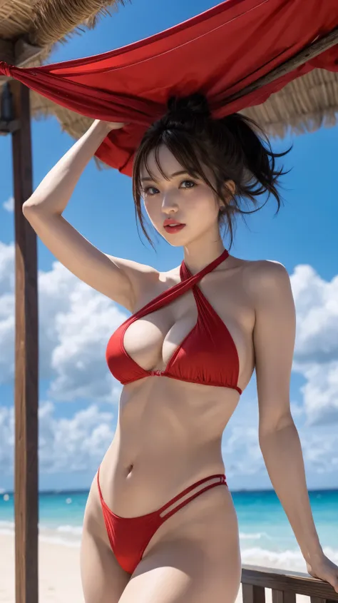 1girl, Maypokemon, crimson red bandana, black hair, hime cut, blue eyes, posing in a small size string G-string outfits crimson red with her arms up, big breasts, see-through cleavage, thighs, beach, 