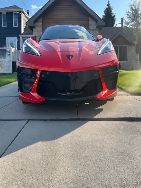 a close up of a red sports car parked in front of a house, extremely detailed frontal angle, front profile shot, front of car angle, front on, front profile, long front end, front view dramatic, front profile!!!!, cinematic front shot, front flash, front p...