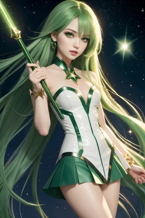 green effects, perfect eyes, short girl, long hair, green hair, star guardian, stars, galaxy, guardian, magical cane, sharp teeths, green eyes, flying, detailed