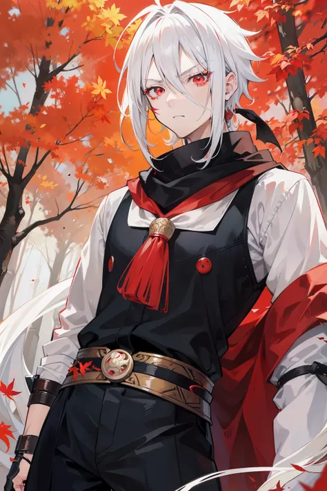 I would like an anime character with white hair, a masculine build, red eyes, and Tobiramas marks on his cheek. He wears a bandana on his forehead and has cropped hair revealing his scalp in some areas. His expression is focused and determined, with furrow...