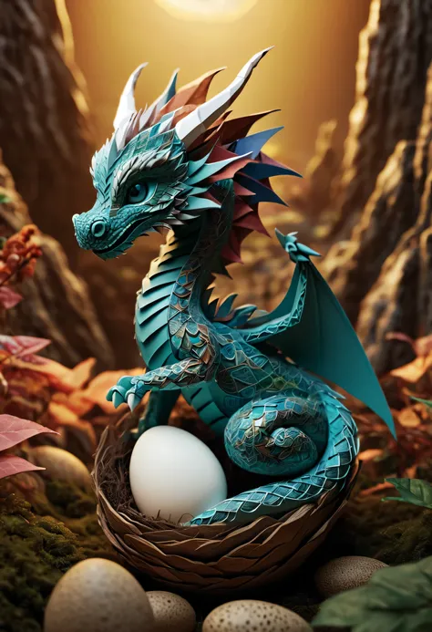 in a nest of chinese dragons, a mini baby dragon emerges from a cracked egg, in the midst of its discovery of the world. the dra...