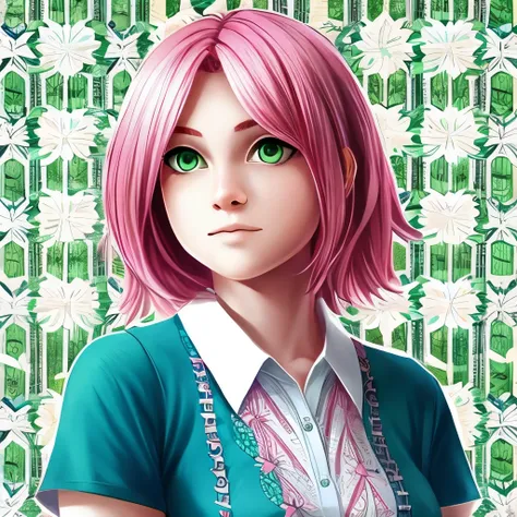 Girl, pink hair, green eyes, sharp features, white skin, skirt and shirt, patterned background