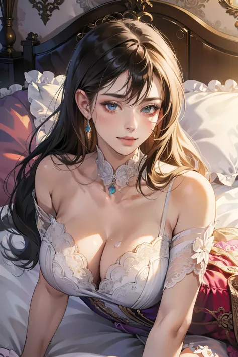 25-year-old seduction girl, lying on the bed in an ultra-detailed, intricately designed lace dress, her mouth wide open in a tender, inviting smile, (masterpiece of hyperrealism with bright colors). The digital art rendering, created with Octane, showcases...