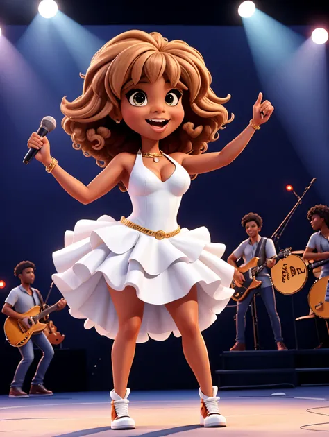 Tina Turner, on stage, singing, short of white dress, style of Scott J Campbell