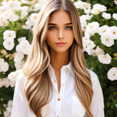 Girl, long blond brown hair, brown eyes, sharp features, white skin, shirt and pants, flowers background