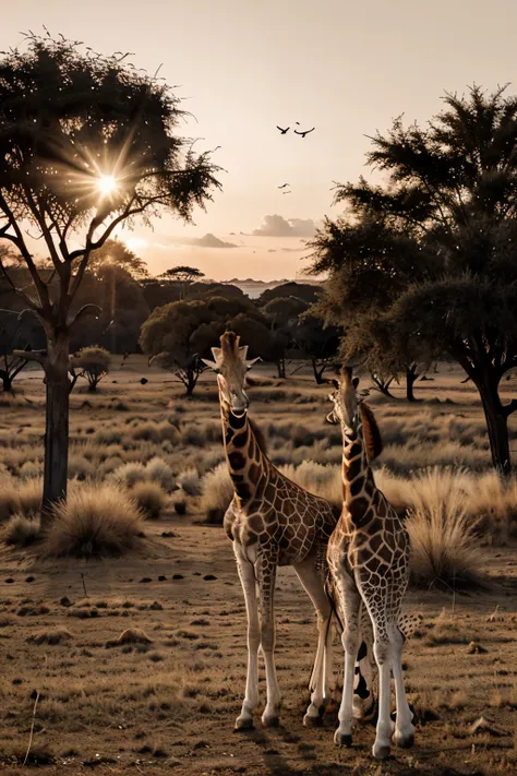 black and white drawing giraffe in the savannah sunset for preschool children