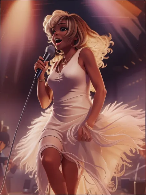 Tina Turner, on stage, singing, short of white dress, style of Albert Benois