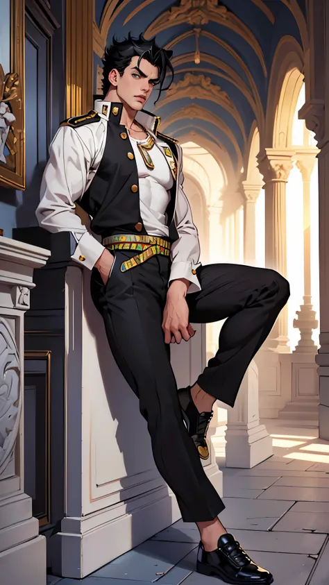 (Masterpiece, high quality, absurd work of art, Best quality, A high resolution, ultra detailed), detailed face, 1 man, Jotaro Kujo, Black hair, tial eyes, male body, male focus, white blouse, black pants, shoes, Luxurious hall, Castle, military ball, full...