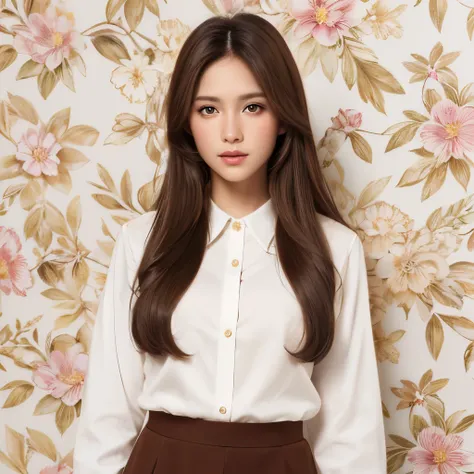 Girl, long soft brown hair, brown eyes, sharp features, white skin, long shirt and skirt style, floral background