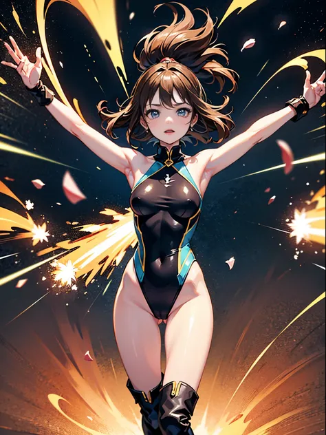 masterpiece, best quality, 1girl, superhero, two-tone leotard, bare legs, knee boots, matching boots, heroic, standing, body infused with energy, light particles, solo, single, cowboy shot, perfect anatomy, brown hair, beautiful detailed eyes, spread arms,...