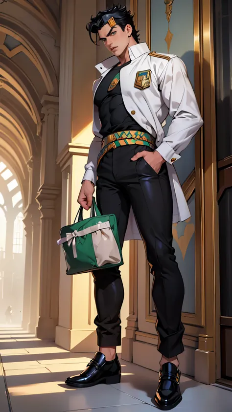 (Masterpiece, high quality, absurd work of art, Best quality, A high resolution, ultra detailed), detailed face, 1 man, Jotaro Kujo, Black hair, tial eyes, male body, male focus, white blouse, black pants, shoes, Luxurious hall, Castle, military ball, full...