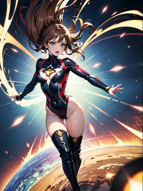 masterpiece, best quality, 1girl, superhero, two-tone leotard, bare legs, knee boots, matching boots, heroic, standing, body infused with energy, light particles, solo, single, cowboy shot, perfect anatomy, brown hair, beautiful detailed eyes, spread arms,...