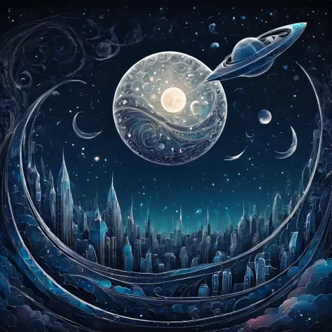 (best quality, highres, ultra sharp), magical city in the moon, about the curvature of space time, spaceship flying over the are...