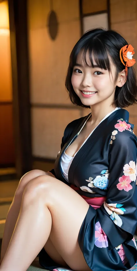 （8k、Raw photography、highest quality、masterpiece：1.2),(black haired、very short hair:1.7),show viewer,Looking at the front,erotic,white skin,(Wearing a kimono with a colorful floral pattern:1.6)、(Clothing that emphasizes the shape of your chest、expose one&#3...