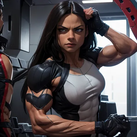 kristin kreuk is x-23 from marvel comics, heavily muscled, bodybuilder veins, highly detailed eyes, highly detailed muscles, hig...