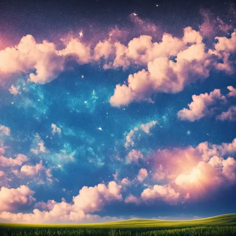 dreamy mood, Umgebungs, friedlich, Atmospheric, Bunter Himmel, Sterne, Sonnenstrahlen, Weiche Wolken, still, ethereal, heiter, blissful, Weite, Harmonie, Beruhigende Farben, Sanfte Beleuchtung.